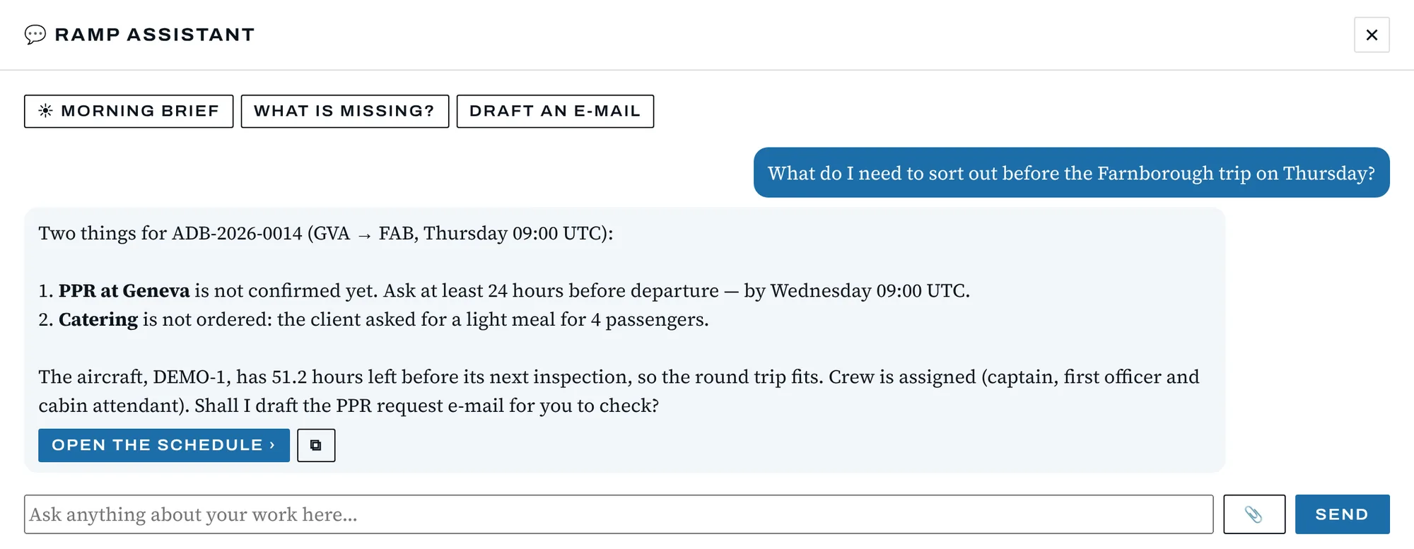 Ramp Assistant answering what is needed before a trip to Farnborough