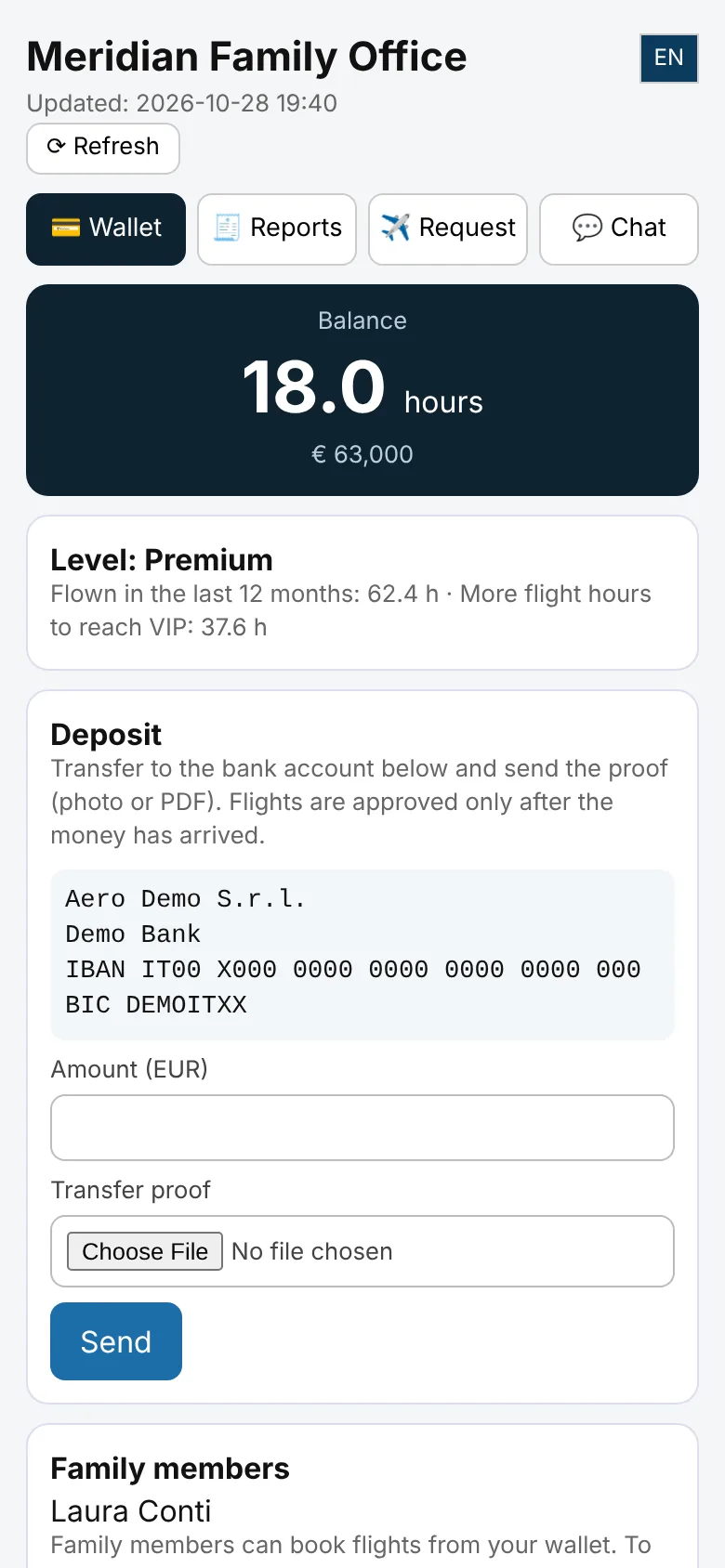 Client's own wallet: 18.0 hours, Premium level