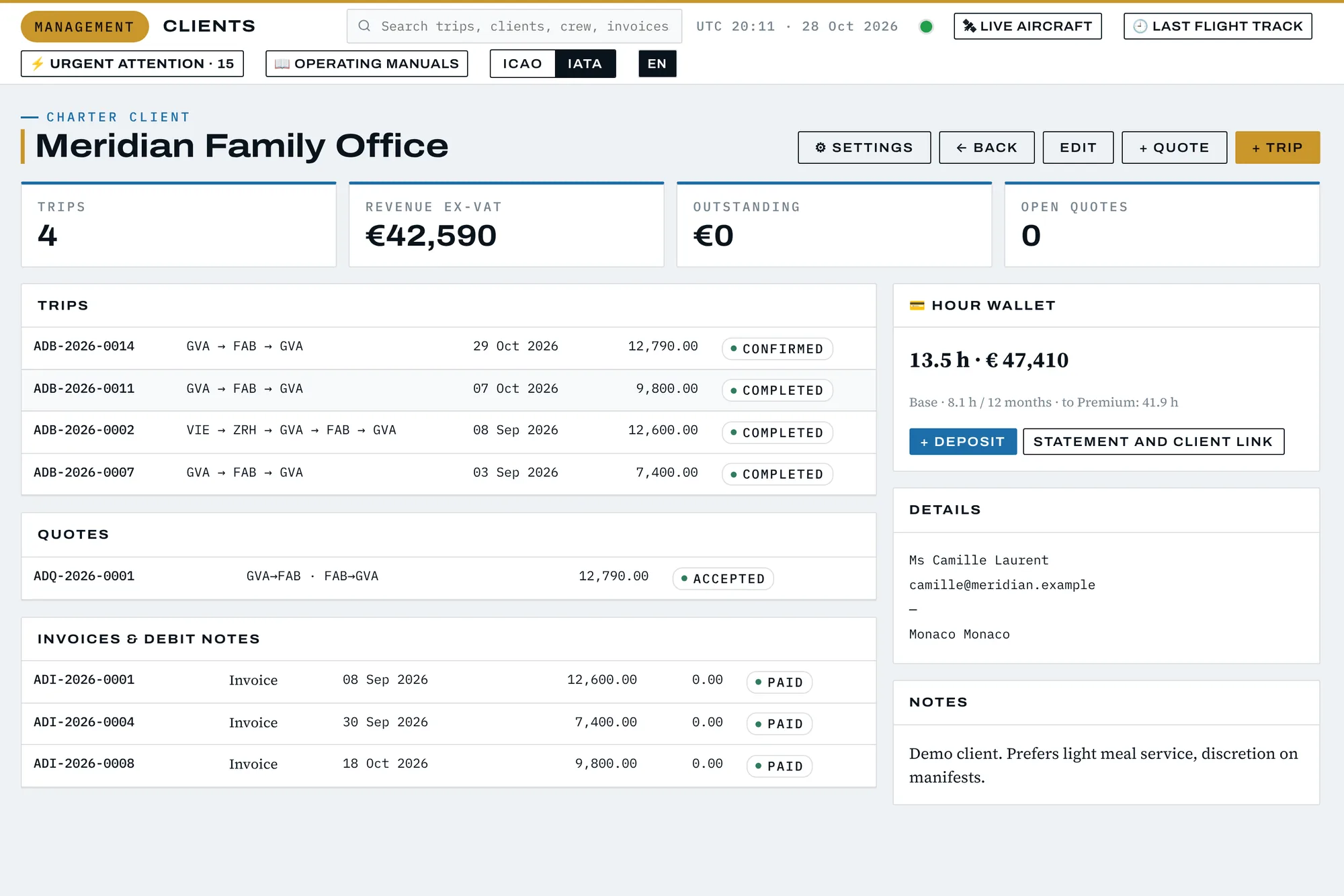 Client page with the hour wallet card and trips charged to it