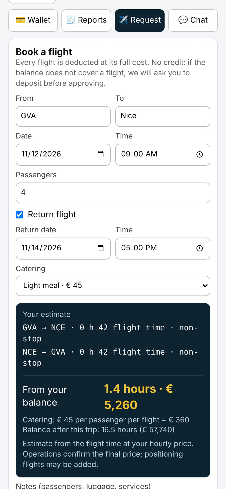 Client booking link on a phone: route, return, catering and the estimate
