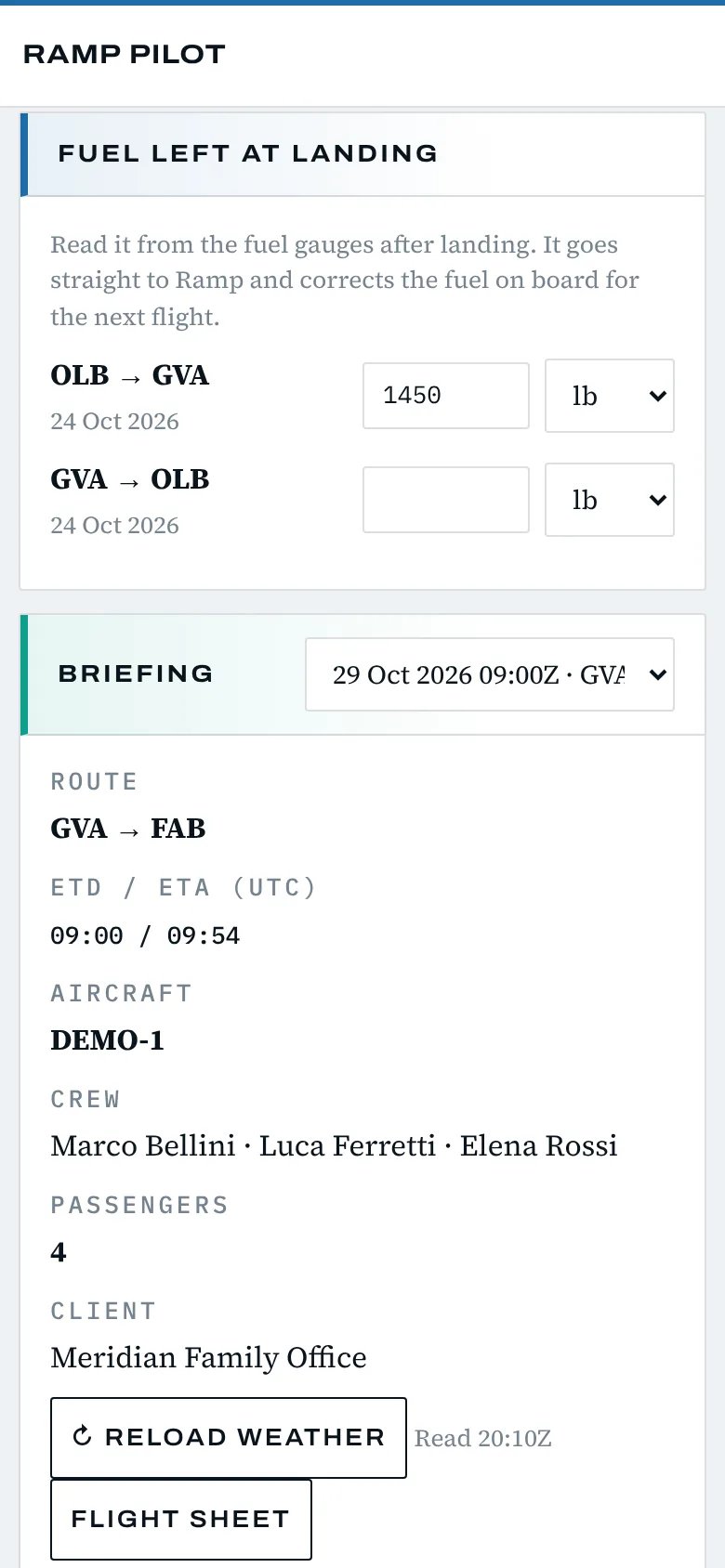 Pilot app on a phone: fuel left at landing