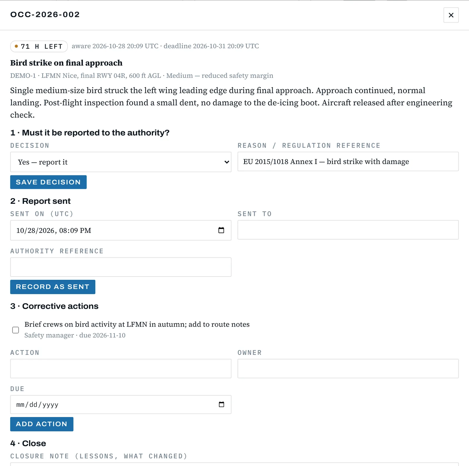 Occurrence report: bird strike, reportable, corrective action, 23 of 24 fields coded, create E5X file