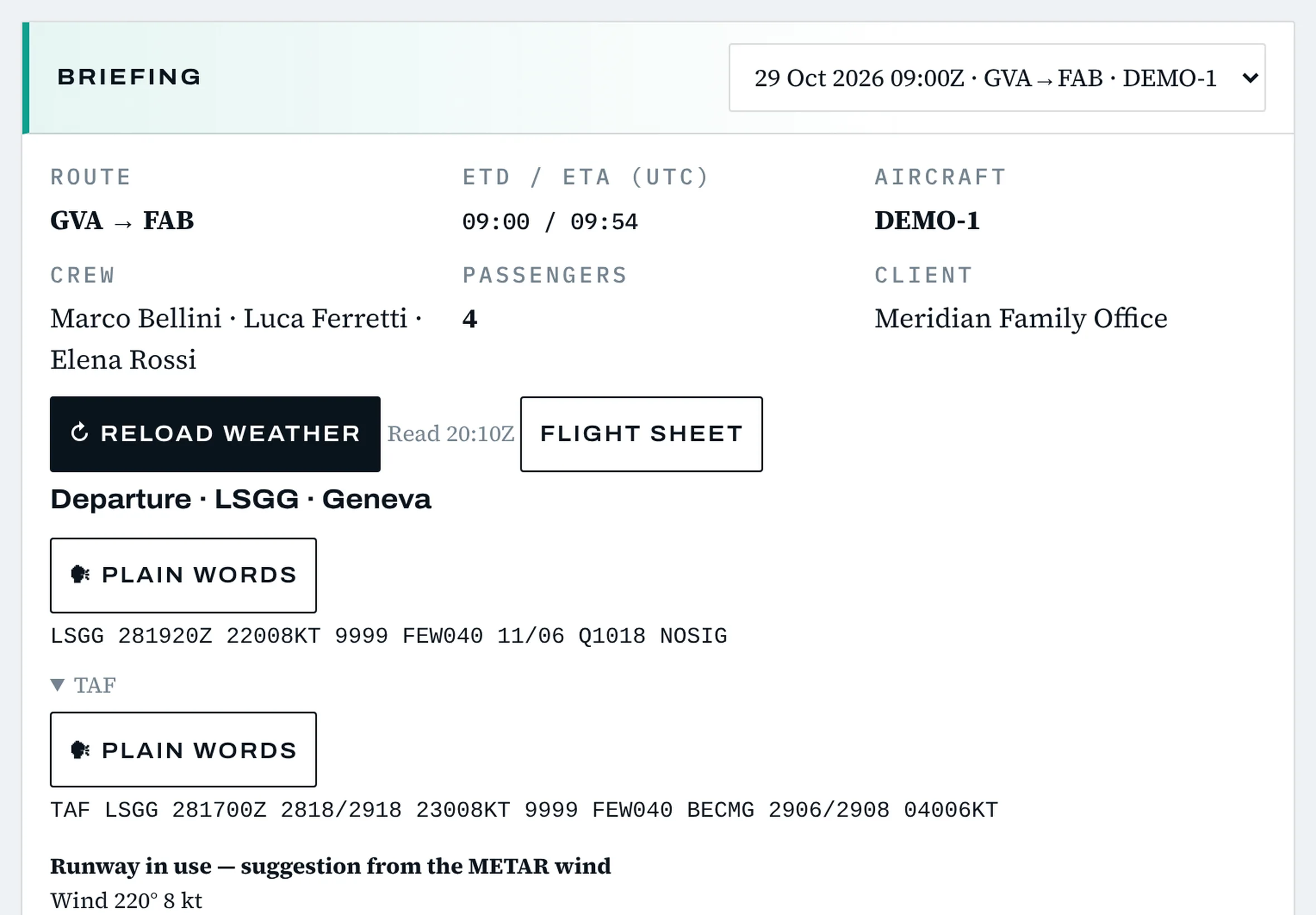 Pilot app on an iPad: the briefing sent by dispatch