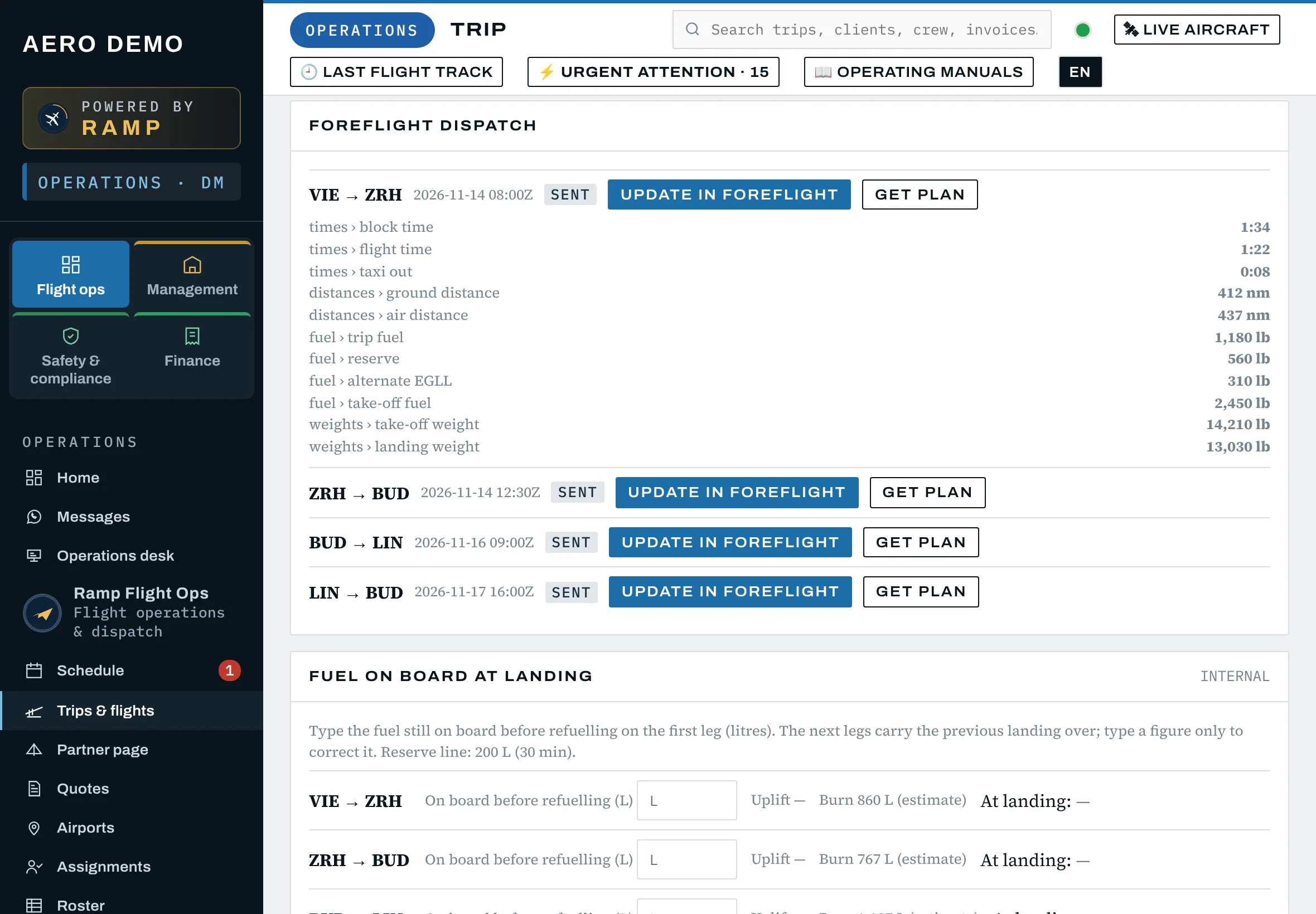Ramp on an iPad: each leg sent to ForeFlight Dispatch, with the plan ForeFlight calculated