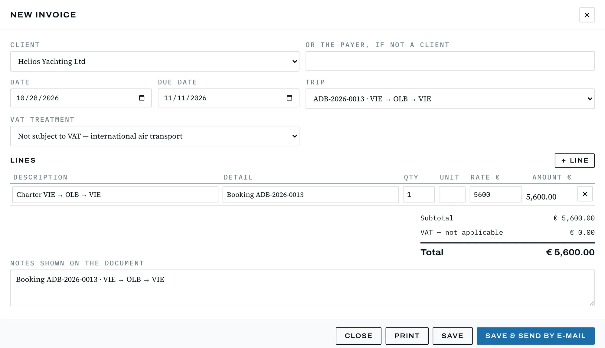 New invoice created from a flown trip, €5,600
