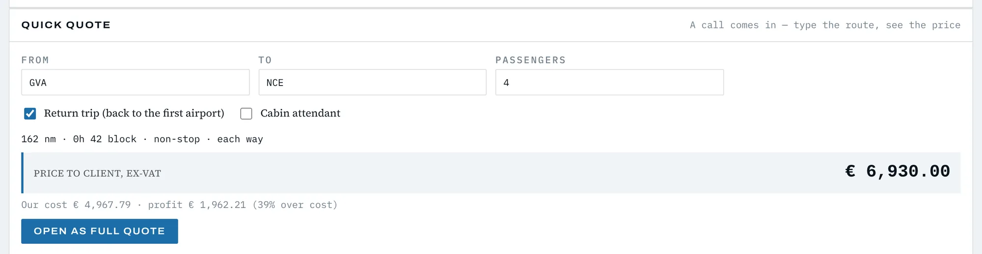 Quick quote: Geneva to Nice and back for four passengers, €6,930