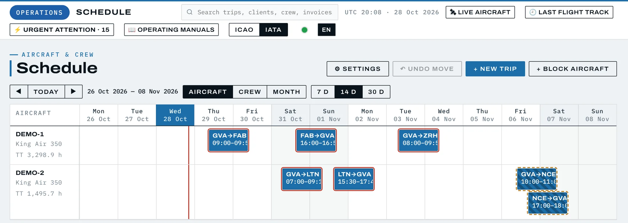 Ramp schedule: two aircraft over two weeks, trips with permission conflicts outlined in red
